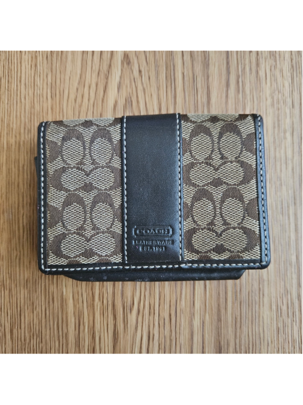 Y2K Coach Signature Bi-Fold Small Pocket Wallet Brown Tan Fabric Leather